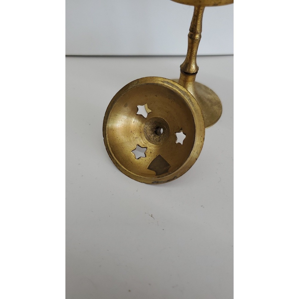 Vintage India Lacquered Brass Incense Burner Pedestal Star Cutout Lid Gold Tone - Picture 2 of 4